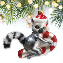 Carregar imagem no visualizador da galeria, Lemur Draped in Christmas Fun Glass Christmas Ornament, Madagascar Ring Tailed Monkey
