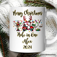 Carregar imagem no visualizador da galeria, Personalized Mug Golf Buffalo Plaid Christmas, Golf Cart, Putter and Trophy Golfing Gift