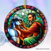 Carregar imagem no visualizador da galeria, Michelangelo Sculpting David in Stained Glass Themed Christmas Ornament, Renaissance Italy Gift and Decor