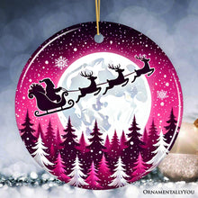 Carregar imagem no visualizador da galeria, Moonlit Santa Silhouette Pink Themed Ornament, Enchanted Night Sky for Holiday Decor