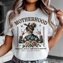 Carregar imagem no visualizador da galeria, Motherhood Mama Rock T-Shirt, Retro White and Natural Tee for Strong and Rocking Mothers