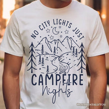 Carregar imagem no visualizador da galeria, No City Lights Just Campfire Nights T-Shirt, White and Natural Camping Tee for Stargazing Campers