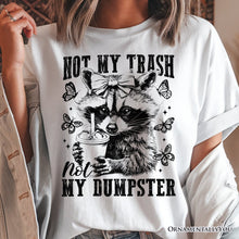 Carregar imagem no visualizador da galeria, Not My Trash Not My Dumpster Cute Raccoon T-Shirt, White and Natural Vintage Coquette Bow Women Tee