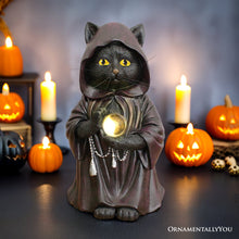 Carregar imagem no visualizador da galeria, (Pre-Order) Ominous Black Cat Wizard Figurine, 7" Solar Light Gothic Yard Statue Decor