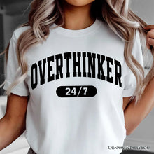 Carregar imagem no visualizador da galeria, Over Thinker 247 T-Shirt, Minimalist Collegiate White, Natural and Black Tee for Tired Women