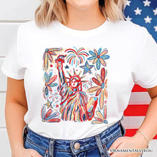 Carregar imagem no visualizador da galeria, Patriotic Statue of Liberty and Fireworks T-Shirt, Festive 4th of July Tee