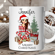 Carregar imagem no visualizador da galeria, Personalized Girly Girl Christmas Mug, Black, Blonde, Brown Brunette, and Red Hair