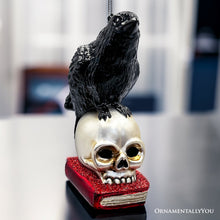 Carregar imagem no visualizador da galeria, Raven on Skull and Book Glass Ornament, Horror Edgar Allan Poe Decoration