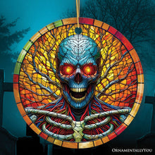 Carregar imagem no visualizador da galeria, Red-Eyed Skeleton for Halloween Frights Stained Glass Style Ceramic Ornament, Halloween Themed Christmas Gift