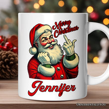 Carregar imagem no visualizador da galeria, Santa Middle Finger Christmas Personalized Mug, Vintage Humorous Gift with Custom Name