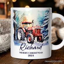 Carregar imagem no visualizador da galeria, Vintage Tractor Personalized Mug, Pristine Snowy Serenity Christmas Gift With Custom Name and Date