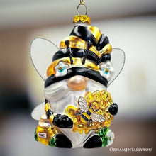Carregar imagem no visualizador da galeria, (Pre-Order) Sparkling Bee Gnome Glass Christmas Ornament, Bumblebee Themed Holiday Decor