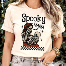 Load image into Gallery viewer, Spooky Mama Skeleton Halloween T-Shirt, Momster Retro Checkered Tee With Boo Vibes