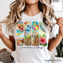 Carregar imagem no visualizador da galeria, Summer Vibes T-Shirt, White and Natural Beach Tee with Coconut and Flowers