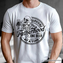 Load image into Gallery viewer, Surviving Fatherhood Skeleton Beer T-Shirt, White Vintage Tee for Tired and Hilarious Dads
