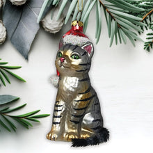 Load image into Gallery viewer, Tabby Cat with Santa Hat Glass Christmas Ornament