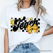 Load image into Gallery viewer, Teach Checkered Coquette Bow T-Shirt, White and Natural Retro Tee for Trendy Teachers