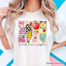 Carregar imagem no visualizador da galeria, Teach Love Inspire T-Shirt, Retro Brushstroke White, Natural, and Navy Tee for Passionate Teachers