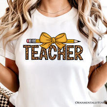 Load image into Gallery viewer, Teacher Leopard Pencil T-Shirt, Coquette Bow Retro Classroom Tee for Educators