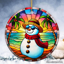 Carregar imagem no visualizador da galeria, Tropical Holiday Sunset Snowman Ornament, Vibrant Beach Christmas Keepsake