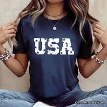 Load image into Gallery viewer, USA Block Letters T-Shirt, Vintage Patriotic Tee for Independence Day
