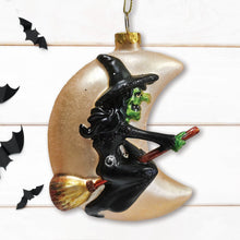 Load image into Gallery viewer, Wicked Witch and Crescent Moon Glass Christmas Ornament, Spooky Halloween Gift