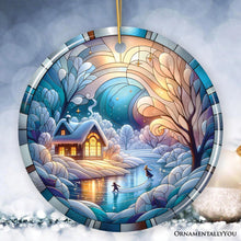Carregar imagem no visualizador da galeria, Magical Winter Lake Cabin Ceramic Christmas Ornament, Stained Glass Theme Tree Decor