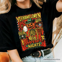 Load image into Gallery viewer, Yee Haw Halloween Retro Pumpkin Skeleton T-Shirt, Spooky Country Western Tee for Fall
