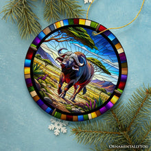 Carregar imagem no visualizador da galeria, African Buffalo Wildlife Encounter Stained Glass Style Ceramic Ornament, Safari Animals Christmas Gift and Decor