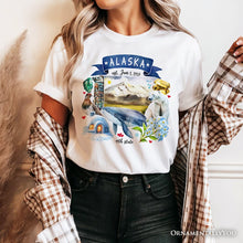 Load image into Gallery viewer, Artistic Alaska State Themes and Landmarks T-Shirt, Tee for History and Travel Lovers