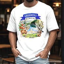 Load image into Gallery viewer, Artistic Arkansas State Themes and Landmarks T-Shirt, Tee for History and Travel Lovers