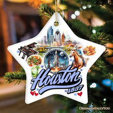 Load image into Gallery viewer, Artistic Houston Ceramic Ornament, Texas Souvenir with Vintage City Elements and Space Shuttle