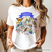 Load image into Gallery viewer, Artistic Idaho State Themes and Landmarks T-Shirt, Tee for History and Travel Lovers
