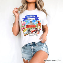 Load image into Gallery viewer, Artistic Indiana State Themes and Landmarks T-Shirt, Tee for History and Travel Lovers