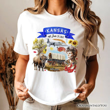 Load image into Gallery viewer, Artistic Kansas State Themes and Landmarks T-Shirt, Tee for History and Travel Lovers