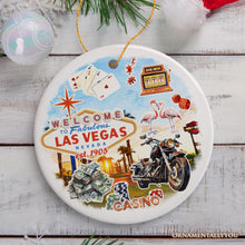 Load image into Gallery viewer, Artistic Las Vegas Collage Art Ceramic Ornament, Slot Machines Cards and Casino Travel Souvenir