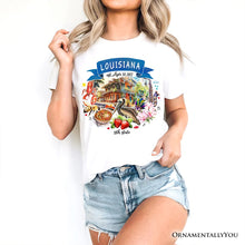 Load image into Gallery viewer, Artistic Louisiana State Themes and Landmarks T-Shirt, Tee for History and Travel Lovers
