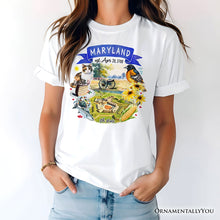 Load image into Gallery viewer, Artistic Maryland State Themes and Landmarks T-Shirt, Tee for History and Travel Lovers