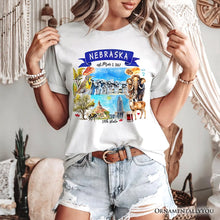 Load image into Gallery viewer, Artistic Nebraska State Themes and Landmarks T-Shirt, Tee for History and Travel Lovers