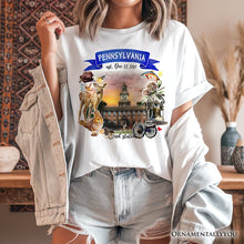 Load image into Gallery viewer, Artistic Pennsylvania State Themes and Landmarks T-Shirt, Tee for History and Travel Lovers