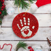 Carregar imagem no visualizador da galeria, Baby Handprint in Red Glitter Themed Ornament, Christmas Nursery Keepsake and Tree Decor