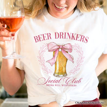 Load image into Gallery viewer, Beer Drinkers Social Club T-Shirt, Coquette Pink Bow Tee for Girly Summer Bachelorette Vibes