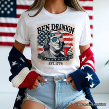 Load image into Gallery viewer, Ben Drankin Funny 4th of July T-Shirt, White, Navy and Black Patriotic Tee With Benjamin Franklin