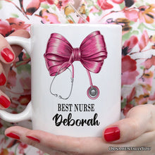 Load image into Gallery viewer, Best Nurse Coquette Pink Bow Personalized Mug, Pink Stethoscope, Gift for Nurse With Custom Name
