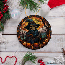 Load image into Gallery viewer, Bewitching Skeletal Sorcery Stained Glass Style Ceramic Ornament, Halloween Themed Christmas Gift and Decor