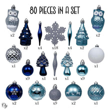 Load image into Gallery viewer, Blue and Silver Ornament Bundle Set, Owls and Glittery Winter Tree 80 Piece Set