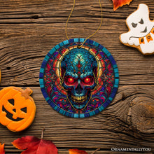 Load image into Gallery viewer, Bone-Chilling Spooky Skull Stained Glass Style Ceramic Ornament, Halloween Themed Christmas Gift and Decor