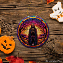 Load image into Gallery viewer, Bony Fright Halloween Skeleton Decor Stained Glass Style Ceramic Ornament, Halloween Themed Christmas Gift and Decor