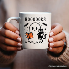 Load image into Gallery viewer, Boooooks and Purrs, Personalized Halloween Mug, Cute Books and Cats Lover Ghost Gift with Custom Name