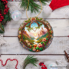Cargar imagen en el visor de la galería, Castle Art with Lush Forest Stained Glass Style Ceramic Ornament, Christmas Gift and Decor